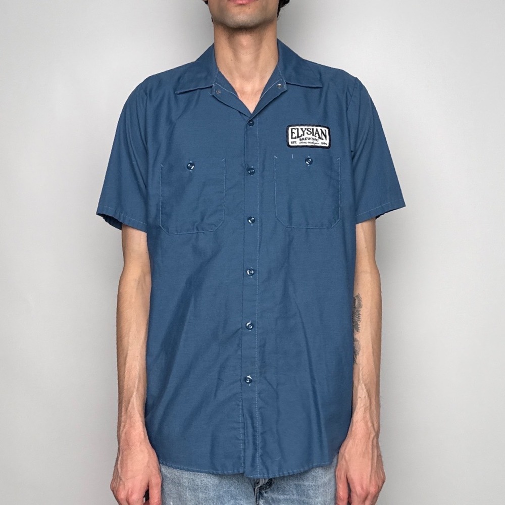 Red Kap Elysian Brewing Work Shirt Mens Workwear Medium Blue Short Sleeve Patch